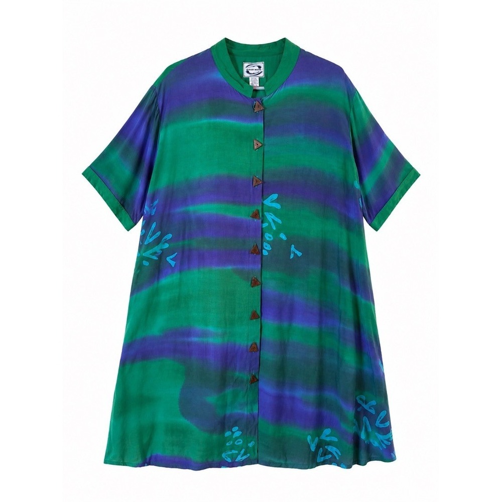 Resort Wear Womens Tie Dye Shirt Dress Green Purple Rayon One Size Boho Midi